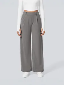 High-waisted women's wide-leg suit trousers in grey featuring front pleats and side pockets