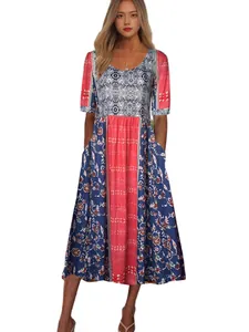 Elegant bohemian floral printed short sleeve maxi dress with round neck for summer wear