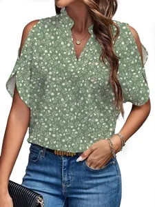 Elegant green floral print summer blouse featuring a V-neck and stylish cold shoulder design