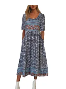 Bohemian print round neck short sleeve maxi dress with pockets for women