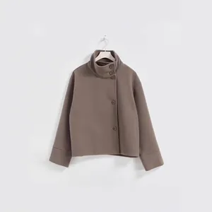 Elegant taupe stand collar button-up long sleeve woolen coat for stylish women