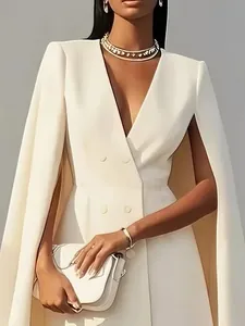 Elegant white double-breasted cape blazer dress for women, ideal for autumn business wear.