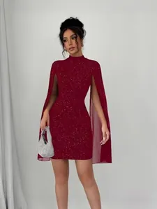 Elegant burgundy glitter mini dress with unique cape sleeves for chic evening parties