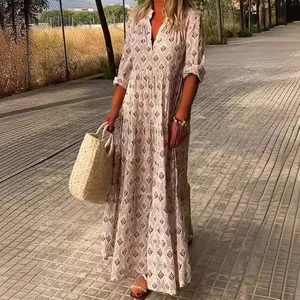 Vestido largo vintage estampado con cuello mandarín y ajuste holgado para el verano