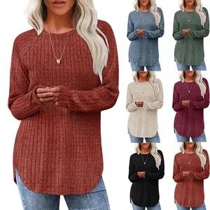 Women Casual Ribbed Knit Long Sleeve Top Round Neck Curved Hem Side Slit Loose Fit Solid Color Autumn Fashion Knitwear