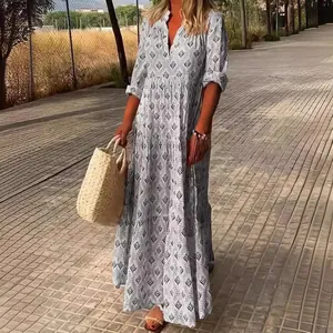 Vestido largo floral suelto con cuello alto vintage para mujer talla grande estilo boho
