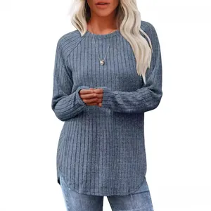 Fashionable women's ribbed long sleeve top with crew neck and high-low curved hemline