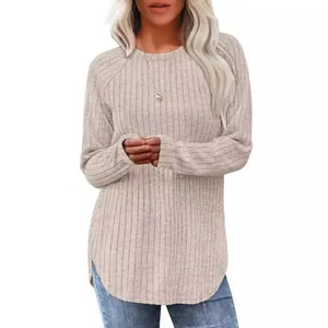 Maglione a coste casual a maniche lunghe da donna con scollo rotondo e orlo a curva