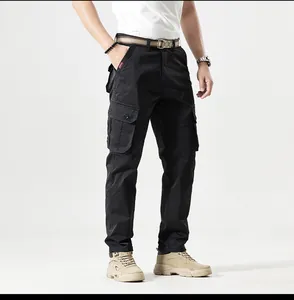 Detailed view of men's black multi-pocket outdoor cargo pants in retro streetwear style