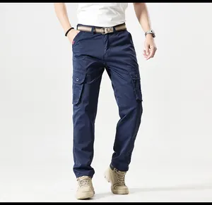High-quality detailed view of navy blue cargo pants featuring functional side pockets.