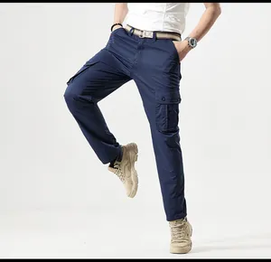 Men's outdoor cargo pants with multi-pockets in navy blue, vintage mountain style