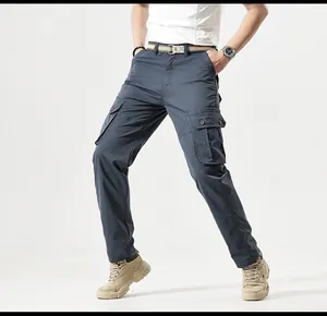 Detailed view of durable navy blue cargo pants featuring multi-pocket utility design