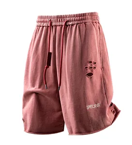 Detailed view of men's distressed baggy shorts in washed red with white embroidery