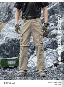 Men's loose tactical cargo pants in khaki with multi-pockets and zip-off legs for outdoors.