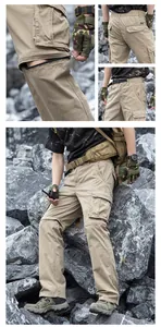 Detachable khaki cargo pants with functional zipper and multiple pockets for men.