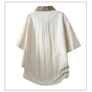 Rear view of a breathable off-white Lyocell short-sleeved polo shirt with contrast khaki collar