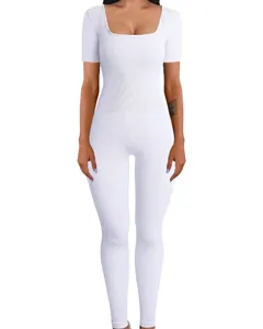Elegant slim fit white ribbed square neck short sleeve long jumpsuit for women