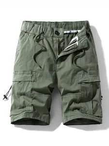 Men's olive green cotton cargo shorts with elastic drawstring waist and side pockets