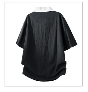 Detailed back view of a minimalist black men's Lyocell polo T-shirt with white collar