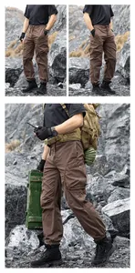 Detailed view of men's multi-pocket cargo pants in a tactical outdoor setting