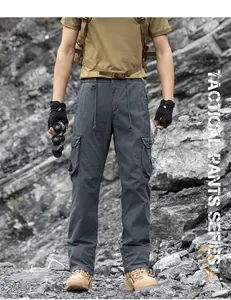 Men's loose Japanese tactical cargo pants in grey with functional multi-pockets