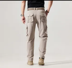 Back view of khaki cargo pants featuring multiple functional pockets and a matching belt