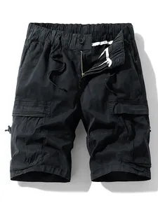 Loose fit black pure cotton cargo shorts for men featuring multiple pockets and drawstring waist