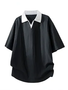 Men's loose fit Lyocell polo T-shirt with contrast white collar and V-neckline in black