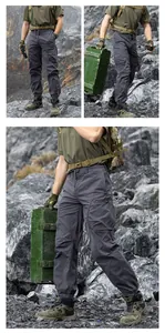 Detailed views showing the tactical pockets and fit of grey techwear cargo pants for men