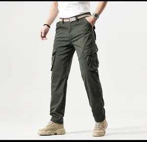 Professional detail view of men's olive green multi-pocket retro mountain style cargo pants