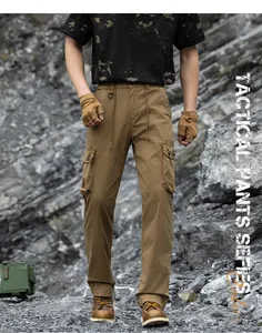Detail view of men's loose tactical cargo pants featuring functional multi-pocket design