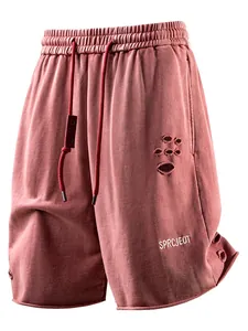 Men Streetwear Cotton Cargo Shorts Embroidered Distressed Raw Hem Retro Loose Straight Casual Sweat Bottom Shorts For Summer