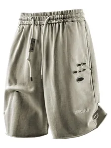 Men's summer casual shorts with elastic drawstring waist and distressed hole details.