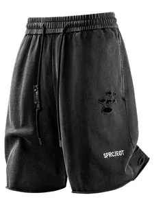 Mens black loose fit distressed sports shorts with drawstring waist and logo print