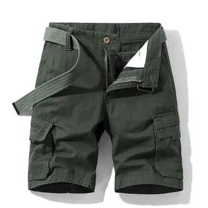 Pantaloncini cargo traspiranti da uomo verde oliva con multitasche e cintura in tela