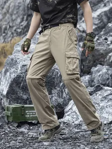 Professional men's khaki tactical cargo pants with multi-pockets and detachable legs