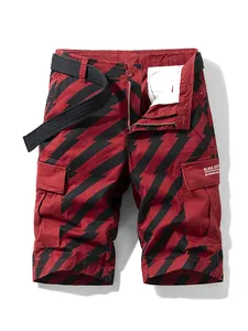Men Casual Cargo Shorts American High Street Style Striped Pattern Elastic Cotton Shorts With Multi Pockets And Belt Summer Fashion Bottom