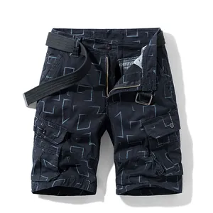 Men's Retro Geometric Print Cargo Shorts With Belt Cotton Straight Leg Five-Point Pants Casual Summer Work Bottom