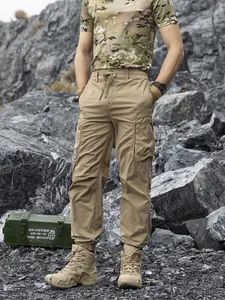 Men's tactical khaki cargo pants with multiple pockets and drawstring waist for outdoor wear