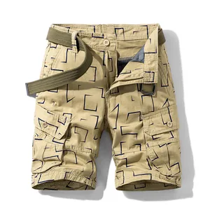 Retro khaki cargo shorts with geometric print patterns and olive green belt accessory