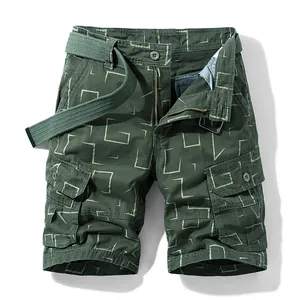 Classic olive green cargo shorts featuring a geometric print and included canvas belt
