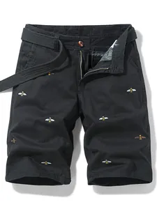 Men's Vintage Cargo Shorts With Bee Embroidery Cotton Casual Loose Fit Belted Half Pants Retro Style Bottoms