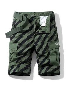 Men's high street style cargo shorts with green and black lightning pattern and matching belt