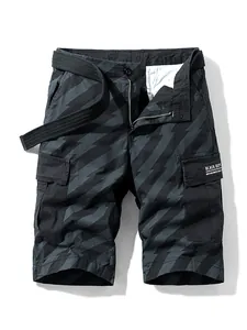 Men's American high street cargo shorts with thunderbolt stripe pattern and included belt