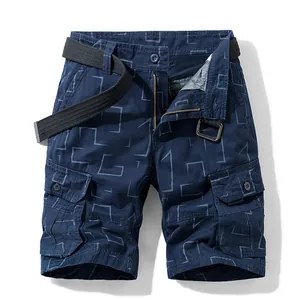 Men's navy blue geometric print cargo shorts with belt, 100% pure cotton retro style.