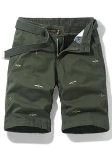 Vintage dark green cargo shorts for men with detailed bee embroidery and matching belt.