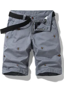 Men's retro grey cotton cargo shorts featuring bee embroidery and included black belt