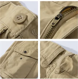 Scatti macro dettagliati di pantaloncini cargo da uomo kaki con cerniera e bottoni curati.