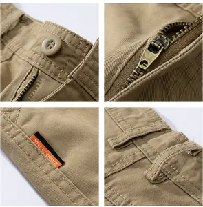 Detailed macro shots of khaki cargo shorts showing zipper, button, and stitching.