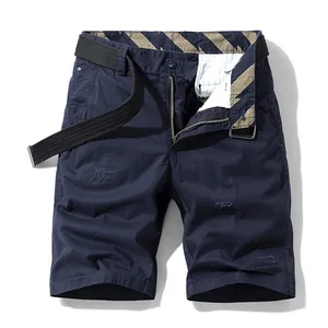 Men's Summer Cotton Cargo Shorts With Belt Embroidered Striped Waistband Casual Five-Point Straight Fit Workwear Shorts